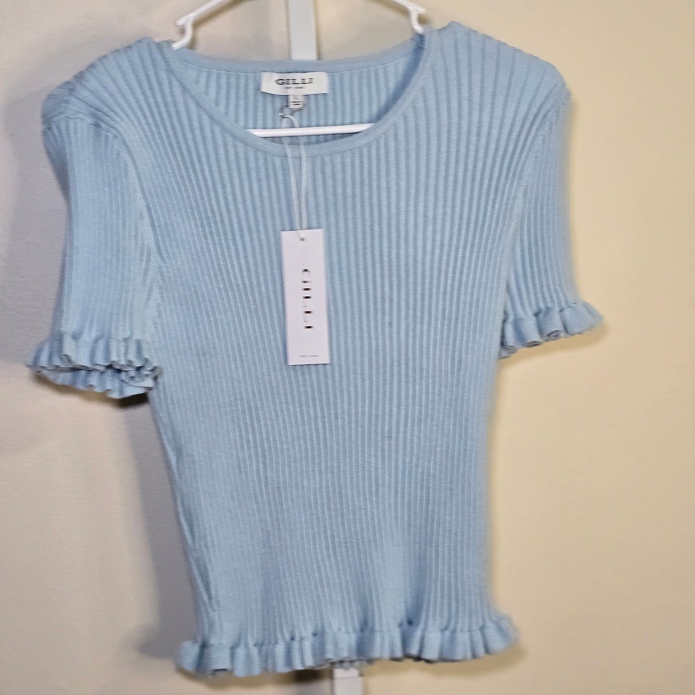 Gilli Womens Ribbed Knit Ruffle Trim‎ Short Sleeve Top Light Blue Size Large NWT